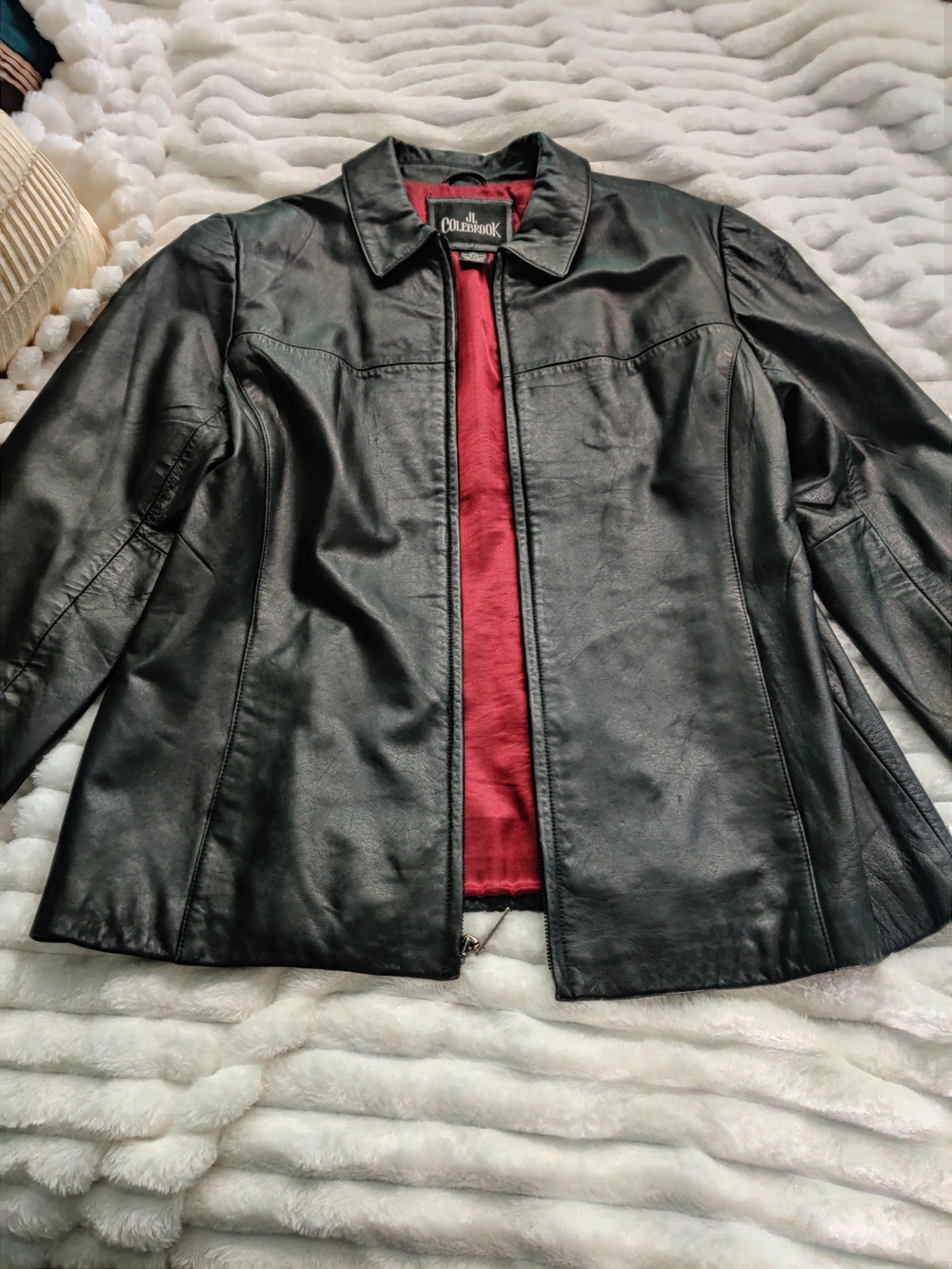 JL Colebrook Black Faux Leather Jacket with Red Lining